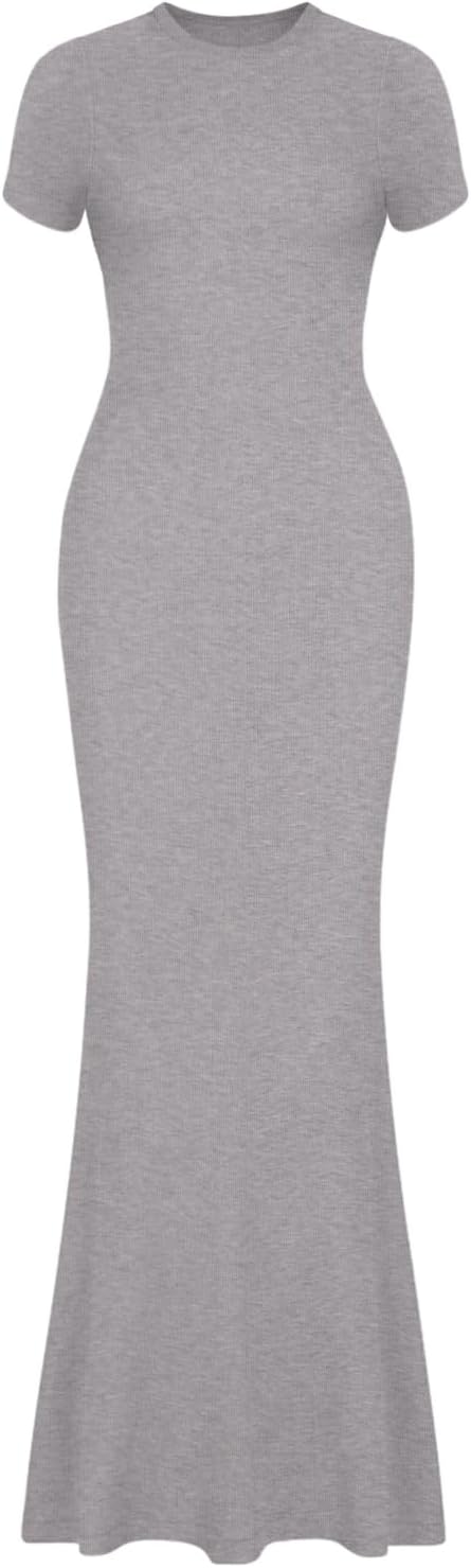 REORIA Women's Basic Summer Casual Lounge Long Dress Elegant Short Sleeve Crew Neck Bodycon Maxi Dresses - Image 5