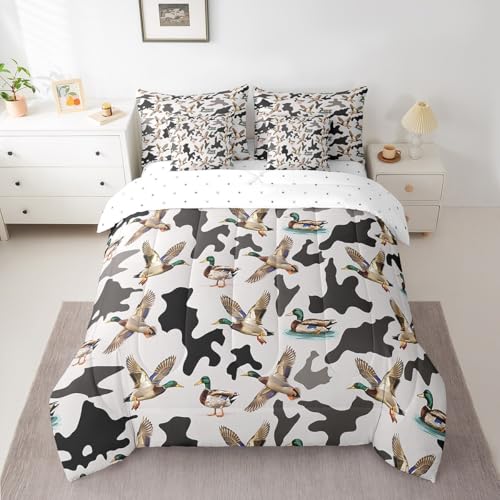 Feelyou Camo Duck Bedding Set Queen Size Duck Hunting Bed in a Bag with Comforter, Sheets, Pillowcases & Cushion Cover Hunter Camo Comforter Set with Sheets Wildlife Light Grey Black Room Decor Soft