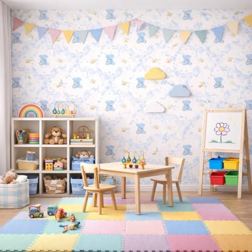 Image of Blue Teddy Bear Cartoon Wallpaper for Kids Room | Cute Nursery Wall Decor for Baby Room | Self Adhesive Peel & Stick Wallpaper | Removable, Washable Wall Covering 16 x 144 Inch