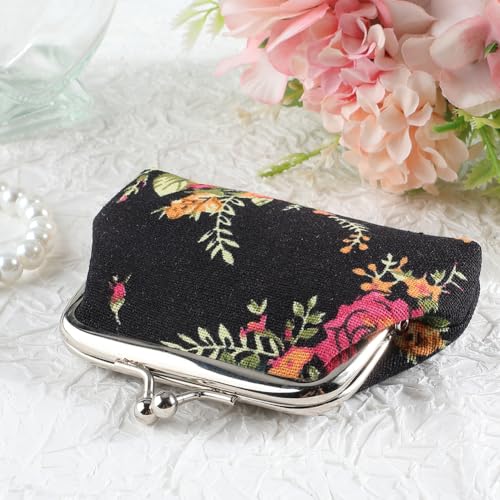 CREATCABIN Canvas Rose Kiss Lock Wallet Vintage Trinkets Purse Ladies Change Pocket Iron Frame Compact Hand-held Wallet for Credit Card Keys Headset Storage Christmas Valentine's Day Gift 4x3.3x0.3in2