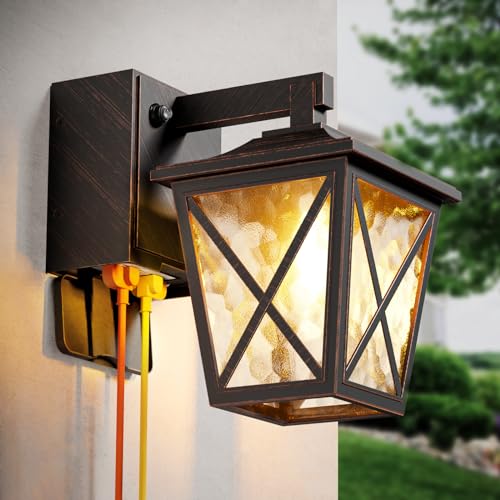 Image of Ehaho Porch Light with GFCI Outlet Aircraft Grade Aluminum Alloy Bronze 1PC | Dusk to Dawn Outdoor Lights Waterproof IP 68 Upgraded 3 Lighting Modes Exterior Light with Plug for Front Door Patio Garage
