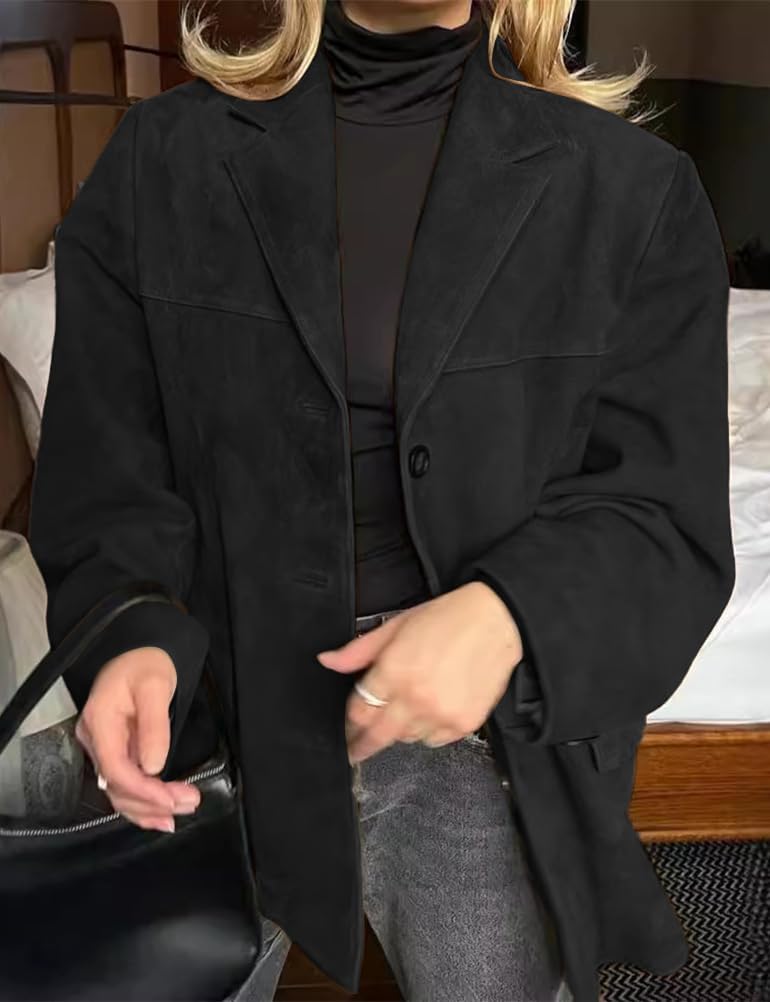 IDEALSANXUN Womens Suede Jacket Fall Winter Fashion Casual Oversized Faux Leather Blazer Jacket Trench Coat - Image 2