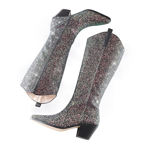 Eteridrey Cowboy Boots for Women Pointed Toe Western Cowgirl Boots Chunky High Heel Glitter Boots for Prom Sparkly Knee High Boots
