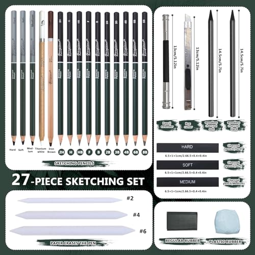 BINYI Skizzen Zeichen Bleistift Set Zeichenstifte Professionell Zeichenset Malset mit Graphitstift Kohlestifte für Zeichnen Skizzieren für Künstler Erwachsene 27 Stück