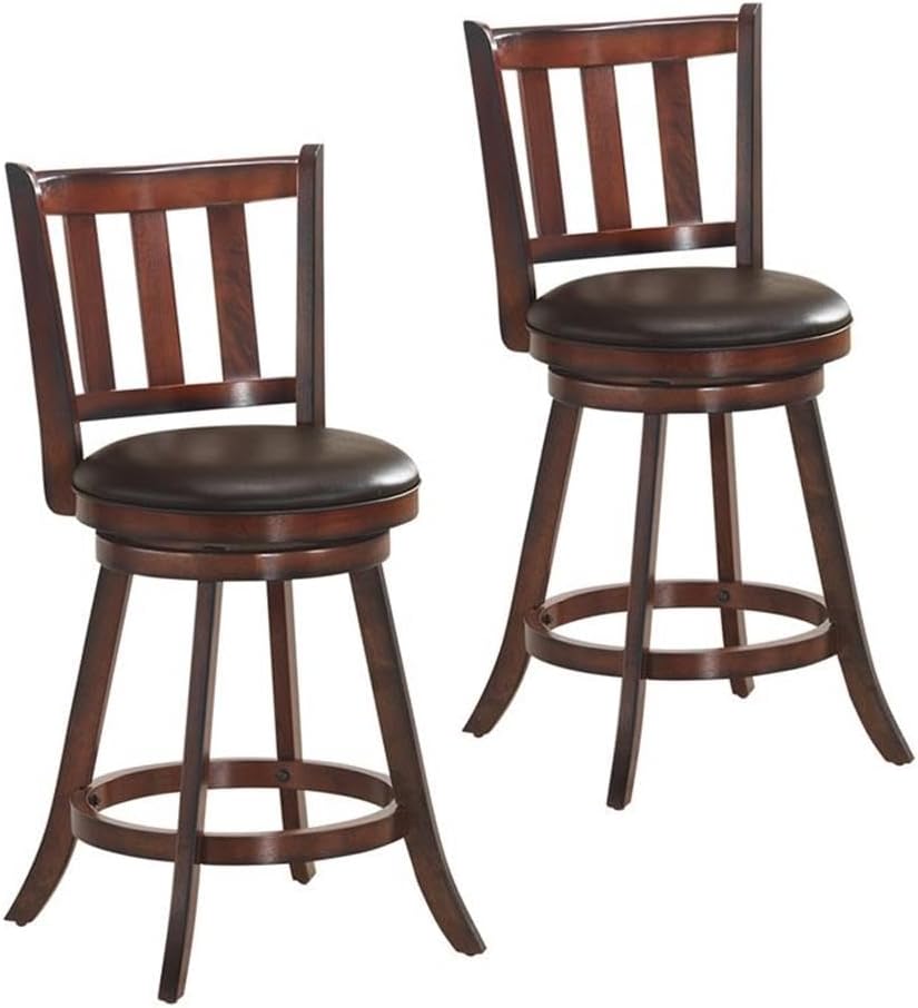 Pemberly Row 25" Leather Swivel Bar Stools, High Back Nut Brown Finish, Set of 2, Rubber Wood Legs, PU Leather Upholstery, 360-Degree Swivel, Ergonomic Design, 265 lb Weight Capacity, Home Bar Seating