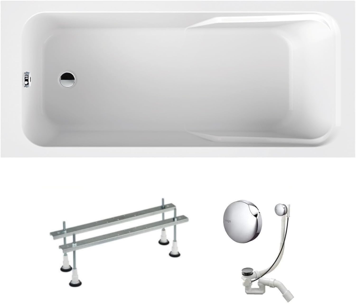 VBChome Vasca da bagno 180 x 80 cm Bianco in acrilico Piedini vasca Sifone Vasca Design rettangolare Moderno Scarico in cromo