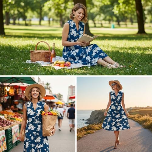 Image of Women Casual Dress Summer Stripe Button V Neck Sleeveless with Pocket Long Dresses Holiday Beach Party Midi Dress