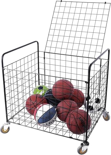Image of 50604 Professional Gym Metal Multi Sports Ball Storage Cart with Jumbo Industrial Wheels, Commercial Grade Portable Equipment Locker Cage for Basketball, Football, Volleyball - Black