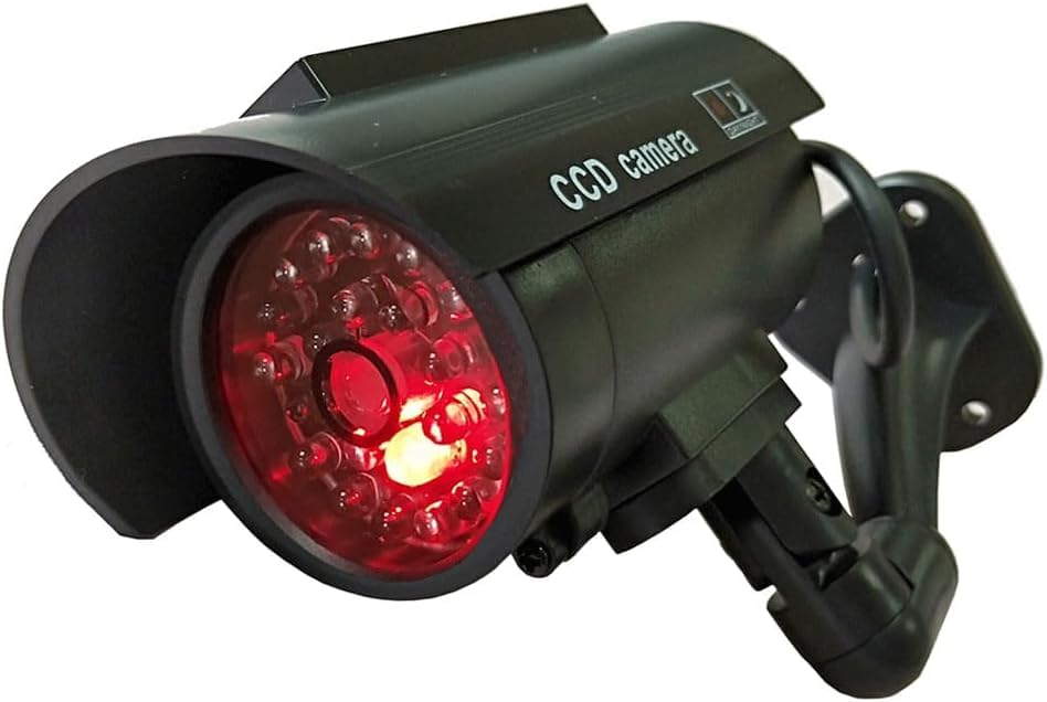 Telecamera di sicurezza finta a energia solare con simulazione LED realistica rossa lampeggiante e adesivo di sicurezza per interni ed esterni, confezione da 4