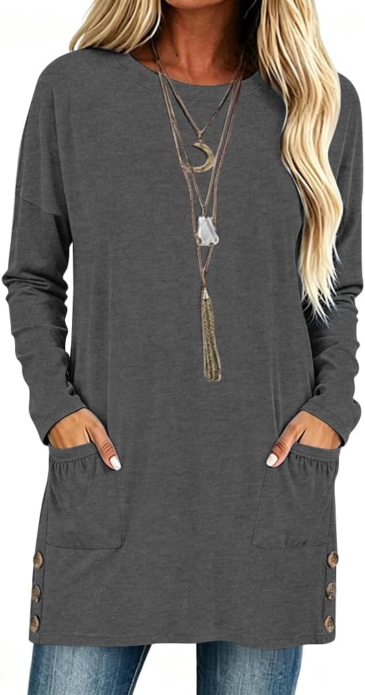 Poetsky Womens Tunic Tops for Leggings with Pockets Side Buttons Batwing Long Sleeve Casual Long Tee Shrits Fall Clothes