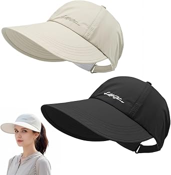 2 Pack UPF Sun Protection Baseball Hat for Men and Women Lightweight Wide Large Brim Visor UV Shade Ponytail CapBeige+Black