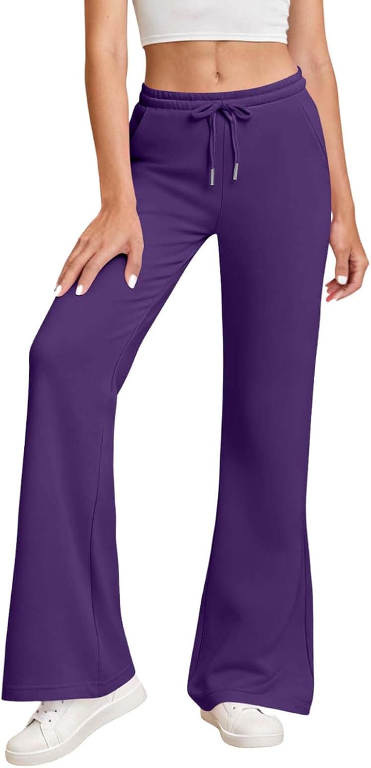 Women's Drawstring Waist Pants Bell Bottom Flare Leg Sweatpants Solid Color Fleece Sports Causal Pants with Pockets