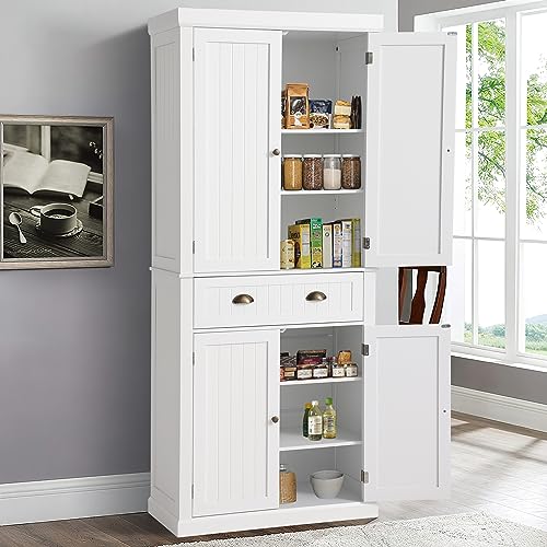 KIGOTY 72" Tall Kitchen Pantry Cabinet with Drawer and 4 Adjustable Shelves, Freestanding Pantry Storage Cabinets, Wood Cupboard Pantry Cabinet for Kitchen, Dining Room, Living Room, Off White - Thumbnail 2