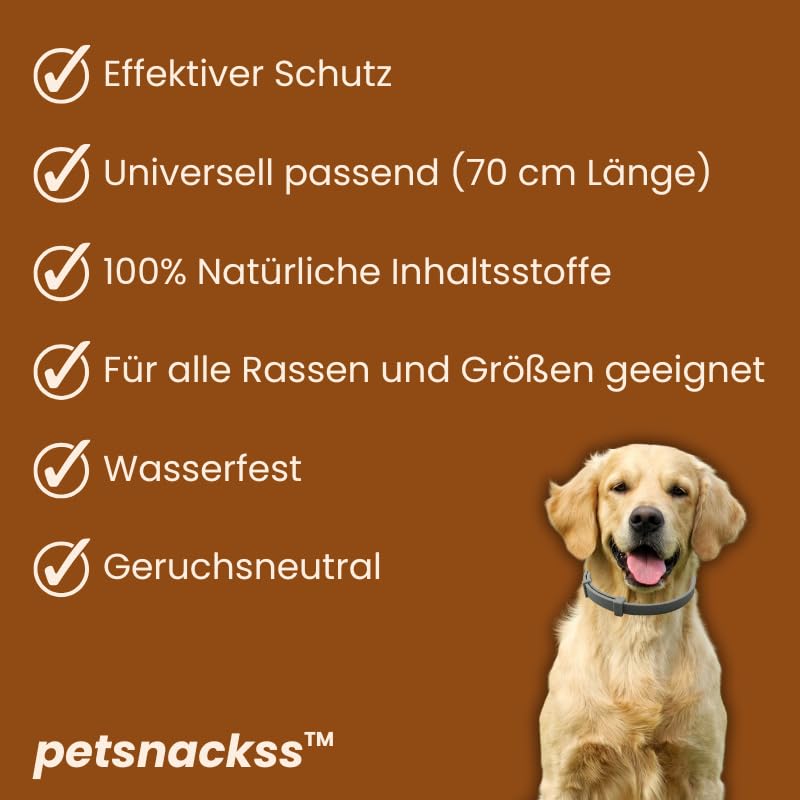 Zeckenhalsband für Hunde - 100% Natürliche Inhaltsstoffe - bis zu 8 Monate wirksamer Schutz gegen Zecken, Flöhe und Läuse - Universell passend (1er Pack)