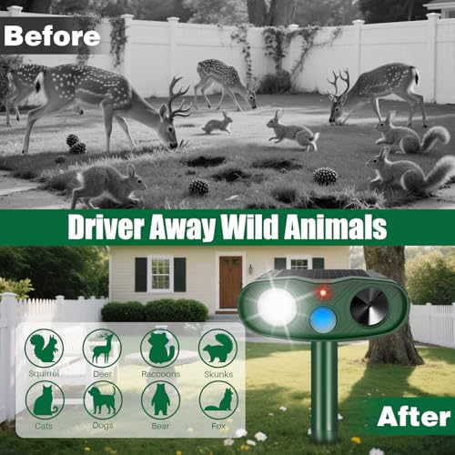 2Pack Ultrasonic Animal Repellent Outdoor Deer Repellent Devices,Solar Rabbit Cat Squirrel Repeller Motion Detection Armadillos Raccoon Squirrel Dog Repellent Deterrent with LED Flash Lights for Yard