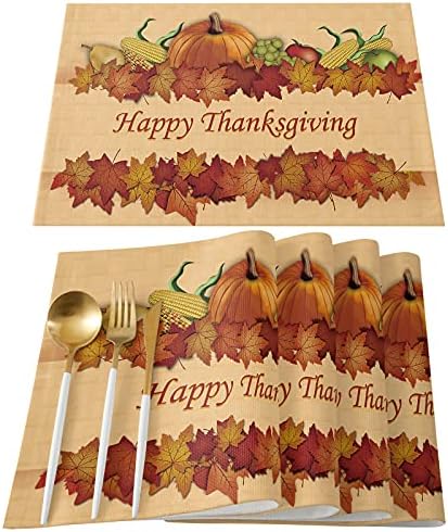 Artwork Store Thanksgiving Day Placemats Set of 6,Cotton Linen Table Mats Non-Slip Washable Fall Maple Harvest Pumpkins Maple Leaves Placemat for Holiday Party Dining Kitchen Table Decor