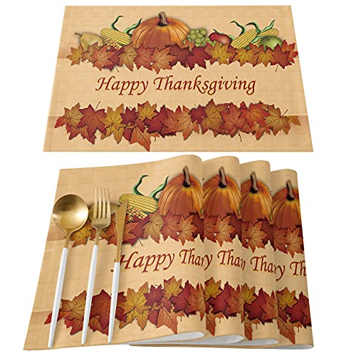 Artwork Store Thanksgiving Day Placemats Set Of 6,Cotton Linen Table Mats Non-Slip Washable Fall Maple Harvest Pumpkins Maple Leaves Placemat For Holiday Party Dining Kitchen Table Decor #TOP6