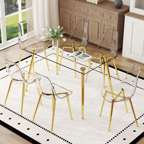 Ebullient Glass Dining Table Set for 6, 51" Clear Tempered