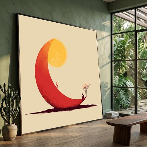 Tableau minimaliste lune rouge sur toile haut de gamme - Peinture paysage 50x50