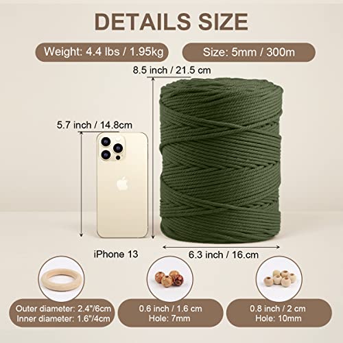 Image of ZUEXT Macrame Cord, Army Green, 5mm x 328yds Cotton String Macrame Yarn | Natural Handmade, 4 Strands Twisted Cotton Rope, for Craft Wall Hanging Weaving Tapestry Dream Catchers Hanger DIY Gift, 300m