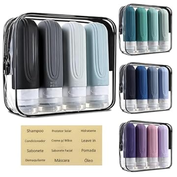 Kit 4 Frascos Potes Silicone Viagem 90ml Aprovado TSA Creme Shampoo Condicionador (Preto, Cinza e Verde)
