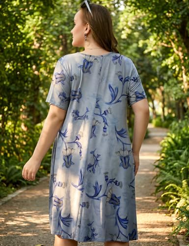 Image of OVERWORETY Womens Short Sleeve Plus Size T-Shirt Dress V Neck Casual Loose Swing A-Line Summer Tunic Dresses with Pockets