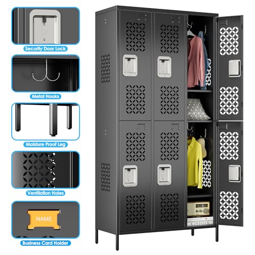 Image of METAN Upgrade Metal Locker for School Office Gym Bedroom,6 Doors Steel Storage Locker Cabinet for Employees,Industrial Storage Locker with 1 Shelves,Assembly Required,Black