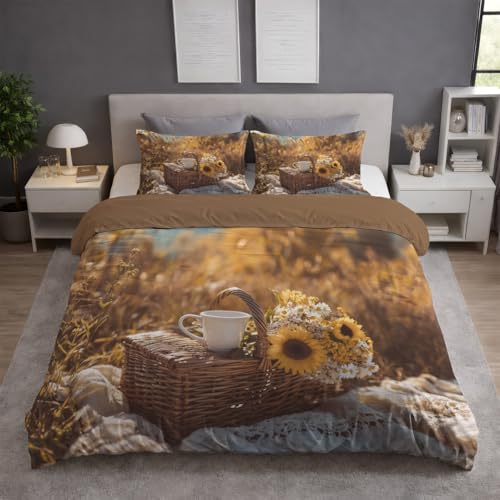 Funda Nordica Cama 180 - Juego de Funda Edredon 260 x 240 cm 3 Piezas + 2 Fundas de Almohada 50 x 75 cm, Ropa de Cama Microfibra Suave Transpirable, Marrón, Campo Cesta Floral