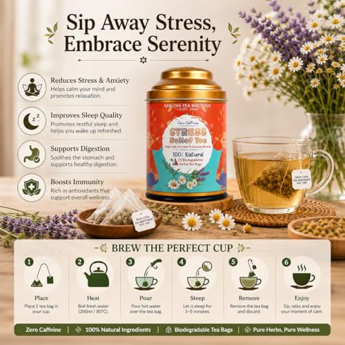 Image of SANCHA Tea Boutique Stress Herbal Tea, 25 Pyramid Tea Bags, Caffeine-Free Chamomile Lavender Mint Herbal Infusion