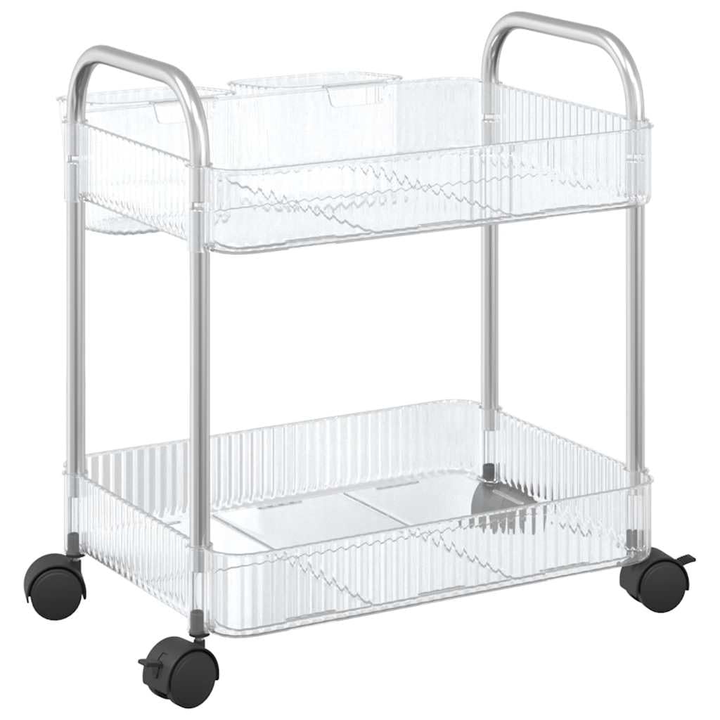 Carrello in acrilico trasparente con ruote, carrello portaoggetti a 2 ripiani con telaio in acciaio inox, 37 x 28 x 43,5 cm, include due ciotole sospese e quattro ruote con due freni, per cucina