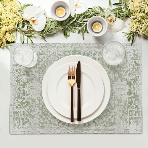 Image of Gray Light Green Boho Placemats Set of 6 Ethnic Bohemian Carpet Place Mats Washable Kitchen Dining Vintage Grey Geography Floral Linen Table Mats Stain Heat-Resistant for Home Party Indoor 12x18 in