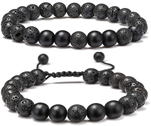 M MOOHAM Lava Rock Bracelet, Lava Rock Bead Black Matte Agate Stone Anxiety Bracelet, Men Stress Relief Yoga Beads Adjustable Aromatherapy Essential Oil Diffuser Healing Bracelets