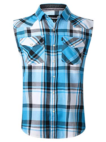 Mens Casual Flannel Plaid snap Shirt Sleeveless with Pocket (whiteblue, Medium)