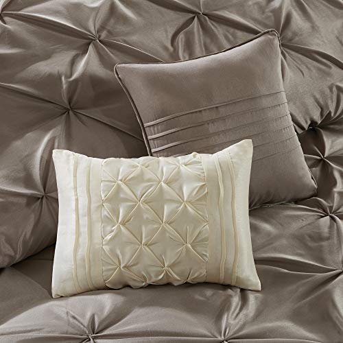 Image of Madison Park Essentials Room in a Bag Faux Silk Comforter Set - Luxe Diamond Tufting All Season Bedding, Matching Curtains, Decorative Pillows, Taupe King(104 inchx92 inch) 24 Piece