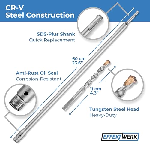 EffektWerk - SDS Plus Extension Shaft for Hollow Drill Bit - Large Connecting Rod 600mm Long W/ M22 x 2.0mm Thread, Center Drill & Screw for Reinforced Concrete, Brick & Stone Masonry