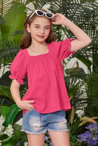 Image of BesserBay Girls Summer Puff Short Sleeve Square Neck Tee Shirts Ruffle Smocked Blouses Cute Swiss Dot Tops 5-14 Years