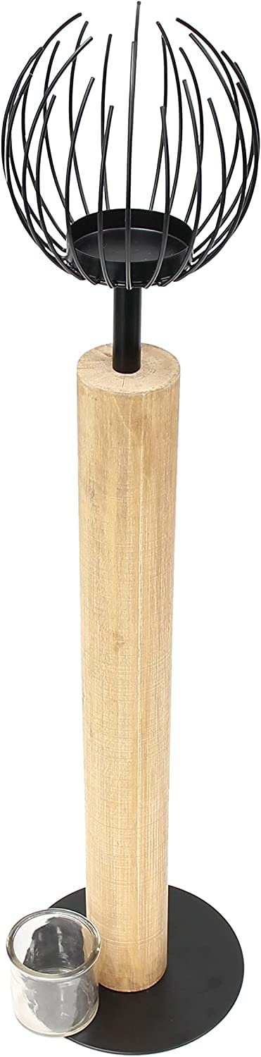 Dekoleidenschaft Windlichtsäule Kugel aus Holz & Metall, 85 cm hoch, Holzsäule, Dekosäule mit Windlicht, Kerzenständer für Wohnzimmer, Balkon & Terrasse, Kerzensäule