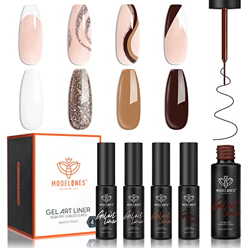 modelones Brown Gel Polish Nail Art Gel Liner Set-4 Colors Dark Chocolate Brown White Khaki Neutral Tan Glitter Gel Polish for French Tip Swirl Nails Design Soak off Built Thin Brush Nail Gift Set