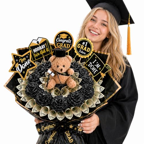 Graduation DIY Money Bouquet Kit 2026 144pcs - Create Your Own Cash Gift Set for Her Him Thoughtful Class of 2026 Graduation Gifts with 20 Roses Teddy Bear Wrapping Paper & Full Accessories
