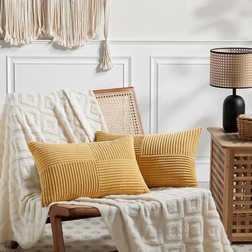 Image of Fancy Homi 2 Packs Gold Yellow Lumbar Decorative Throw Pillow Covers 14x24 Inch for Couch Bed Sofa, Rustic Farmhouse Boho Spring Home Decor, Soft Striped Corduroy Rectangle Accent Cushion Case 35x60cm