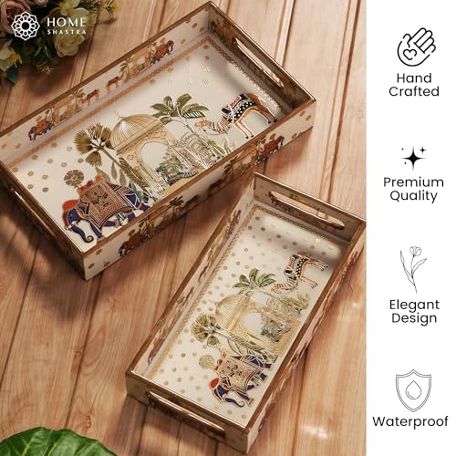 Image of Wooden Serving Tray with Gold Engraving | Set of 2 | Size : 14 x 8 inch & 12 x 6 inch | Enamel Coated Waterproof | Rectangular | Decorative Trays | Royal Camel Medium & Small