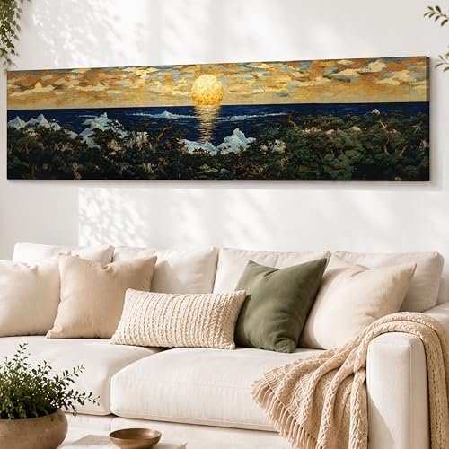 Image of Japanese Nihonga Seascape Stretched Canvas Wall Art Painting for Living Room, Sun Rise Canvas Wall Decor For Livingroom, Bedroom, Office, Hallway's, Hotel 12x46 Inch