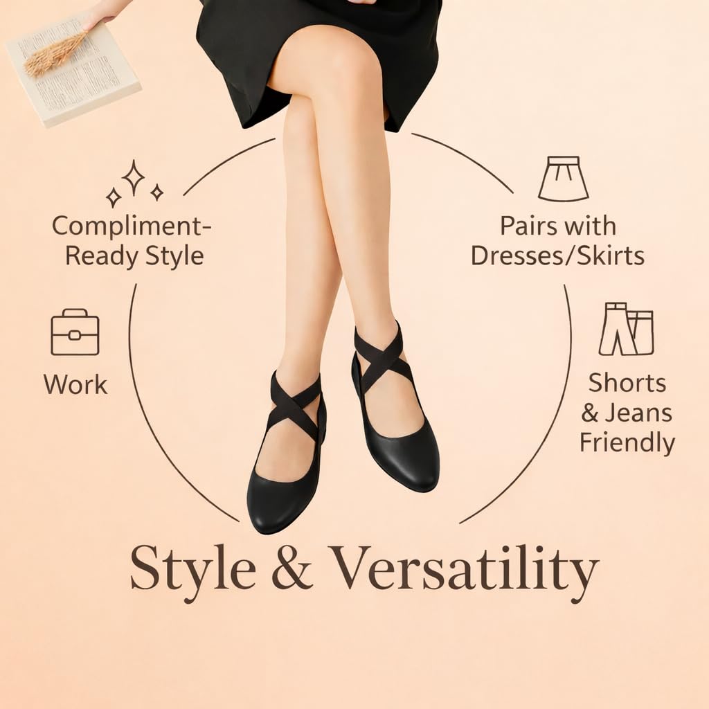 EMMA NEW YORK Ankle Strap Flats for Women, Women Flat Ballerina Shoes, Women's Ballet Flats with Strap (Pu Black, 8)