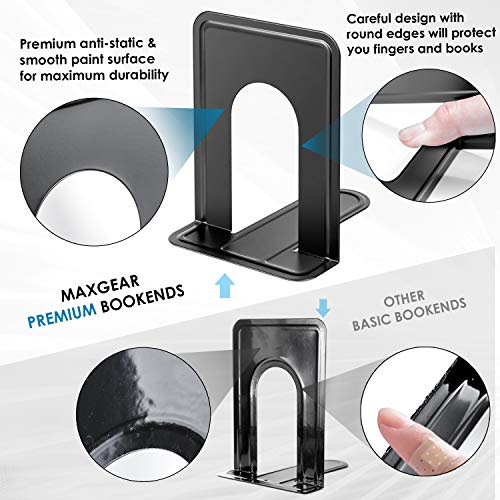 maxgear premium matte painted book ends heavy duty and sturdy bookends for shelves office non-skid metal book end stopper for bookscdsdvds 6 x 46 x 6 in black 2 pairs4 pieces large