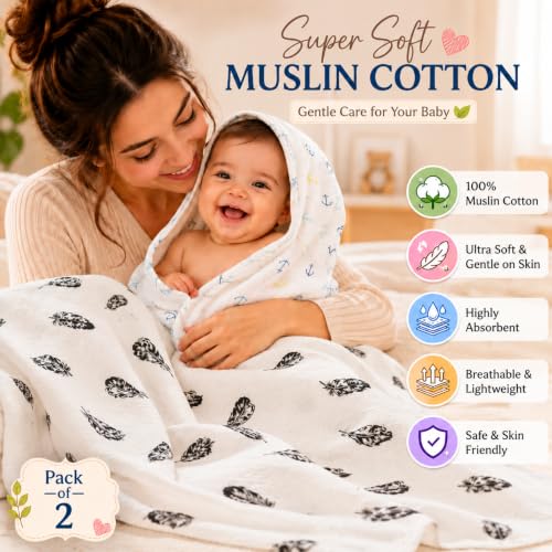 Image of Organic Cotton Muslin Pack of 2 Baby Bath Towel Cotton Cloth Premium Baby Washable, Reusable, Absorbent, Extra Soft 120 X 120 Cm Anchor & Black Wing