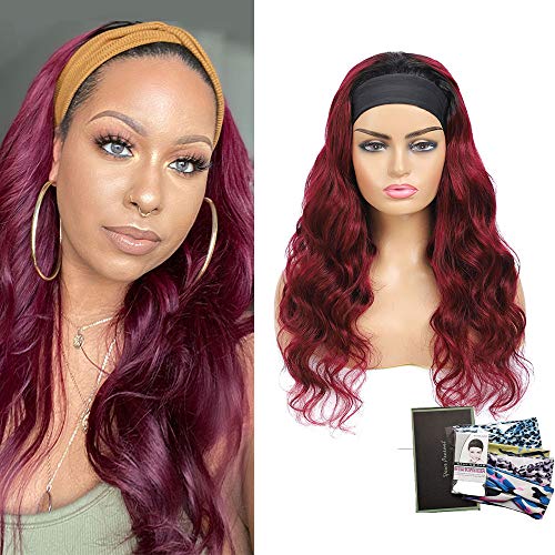Headband Wig for Women Ombre Body Wave Human Hair Wigs Glueless None Lace Front Wigs Brazilian Virgin Human Hair Machine Made Headband Wigs 150% Density 1B/99J Burgundy 22 inch