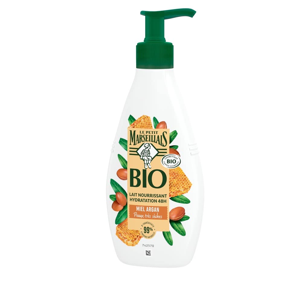 Le Petit Marseillais – Leche nutritiva Hidratación 48h BIO Miel Argán (vial bomba de 250 ml) – Leche corporal para pieles muy secas – Leche hidratante con 99% de ingredientes de origen natural