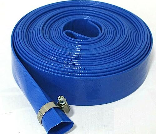 Blue Layflat Water Discharge Hose Pipe Pump Irrigation - 25mm (1) Bore x 10 Metres Long. with Free Stainless Steel Hose Clip