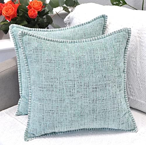 20×20 Pillow Covers Set of 2 Mint Green with Stitched Edge, Decor Covers for Throw Pillows, Textured Chenille Pillow Cases for Decorative Square Comfy Couch Pillows