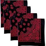 The Peacock Crew 4 Pack Black & Red Paisley Bandanas (22x22 Inch) - Cotton Handkerchiefs for Men & Women - Biker & Rocker Contrast Set